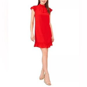 NWT CeCe Mock Neck Flutter Sleeve Clip Dot Dress in Fireball Size XS